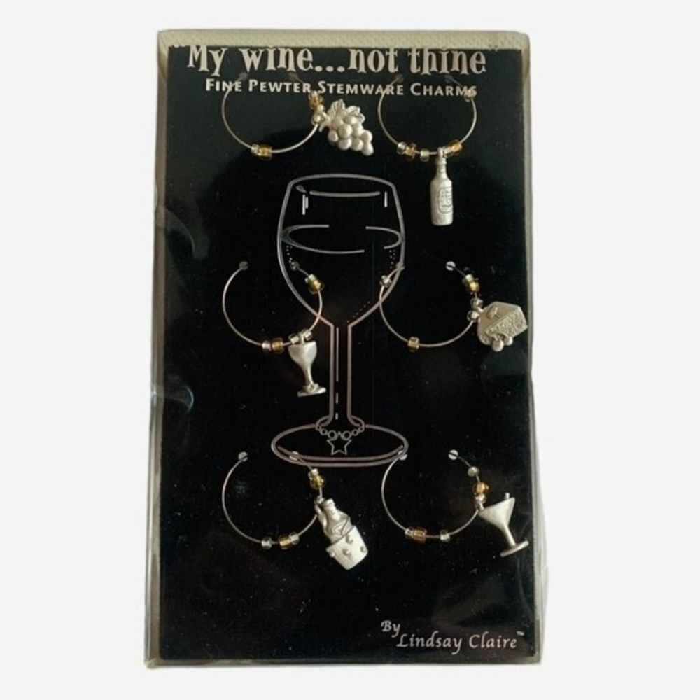 6 Wine Charms Lindsay Claire My Wine Not Thine Fine Pewter Stemware NIB